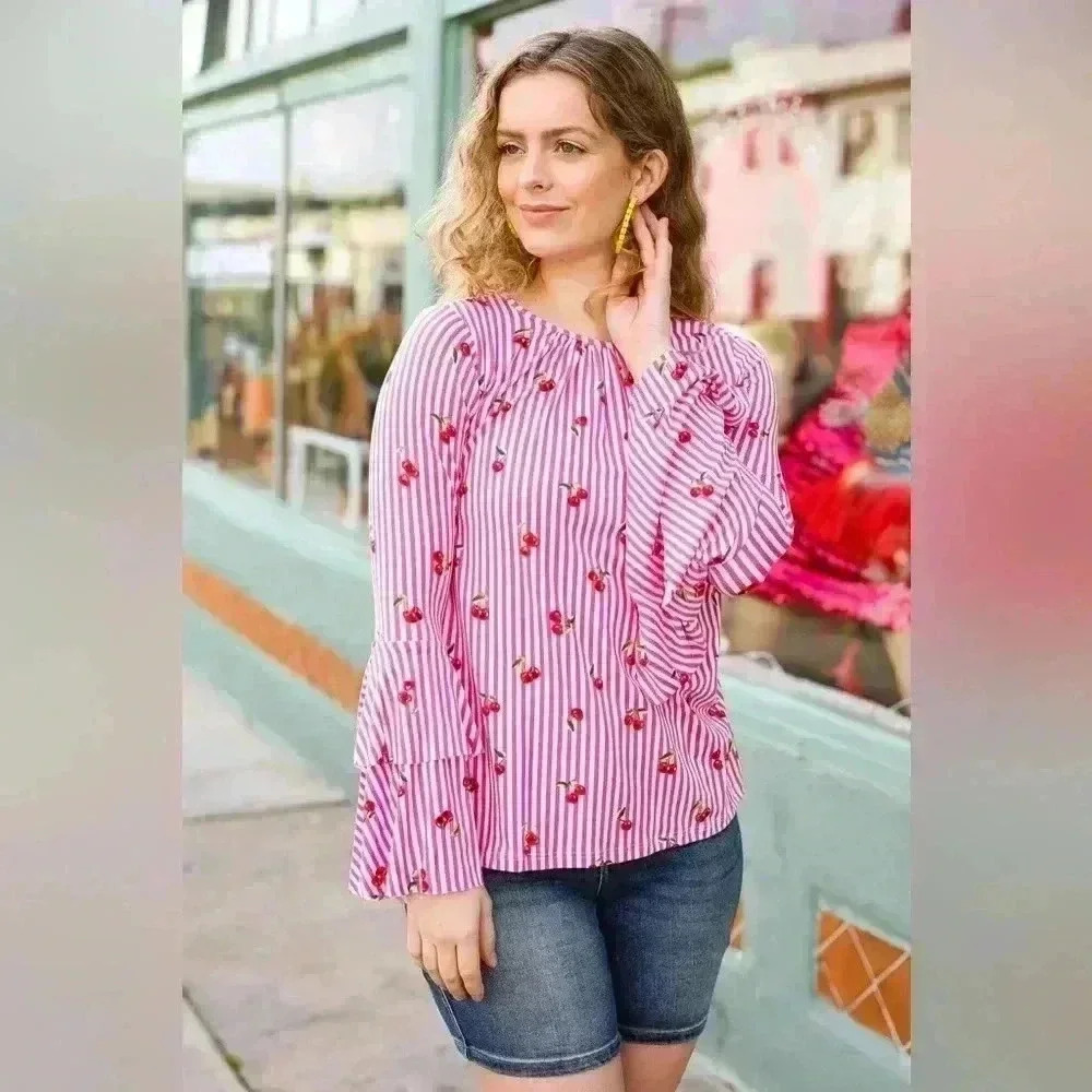 Make You Smile Pink Stripe & Cherries Bell Sleeve Top